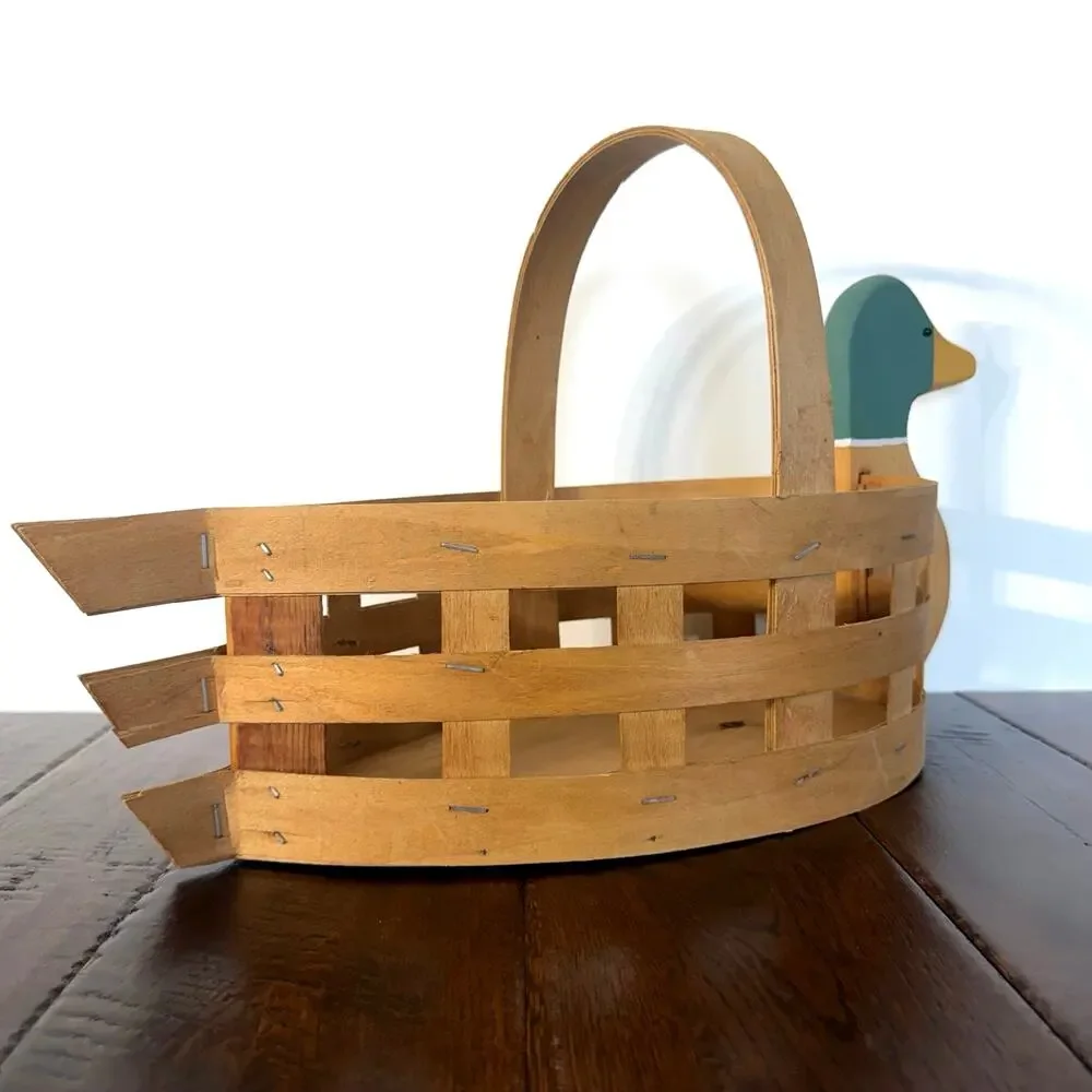 Vintage Wood & Woven Slat Mallard Duck Handled Basket | Rustic Country Basket